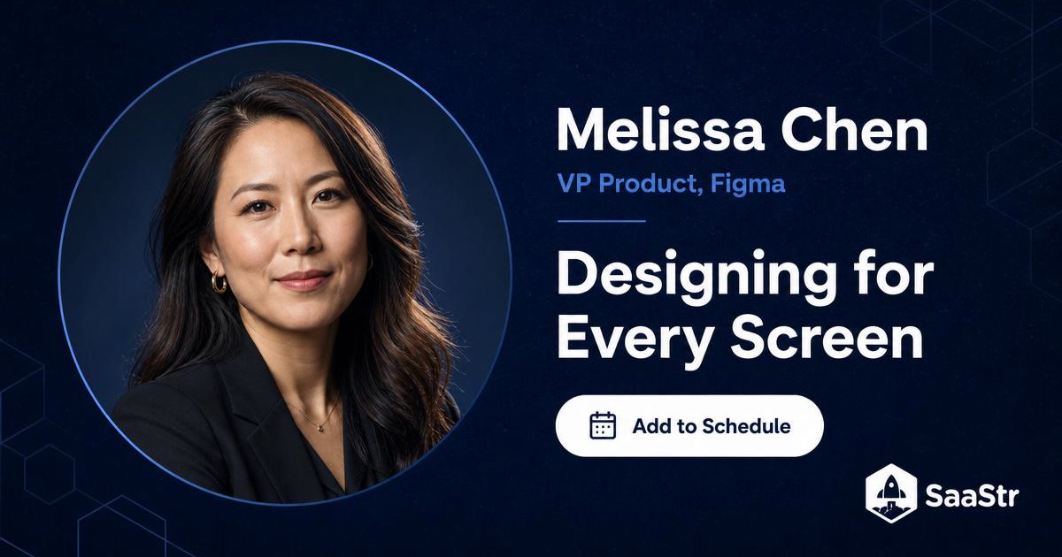 SaaStr-style speaker profile with headshot, name, role and talk title