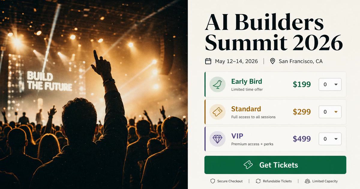 Eventbrite-style ticket page with event photo, pricing tiers and Get Tickets CTA
