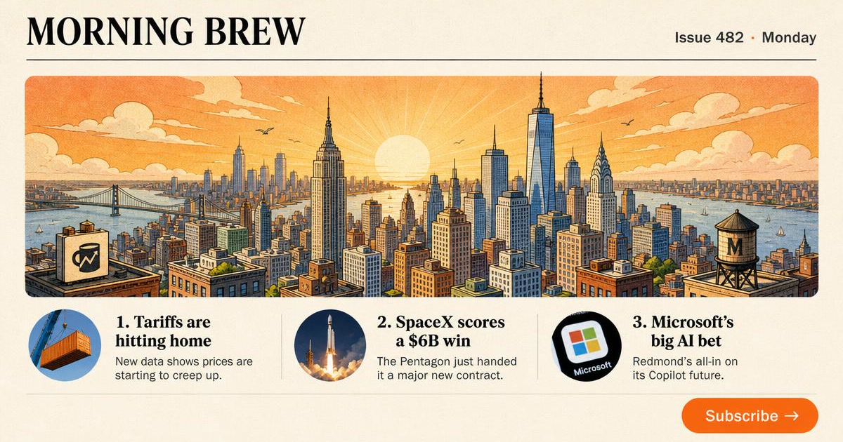 Morning Brew newsletter issue with editorial illustration and top news blurbs