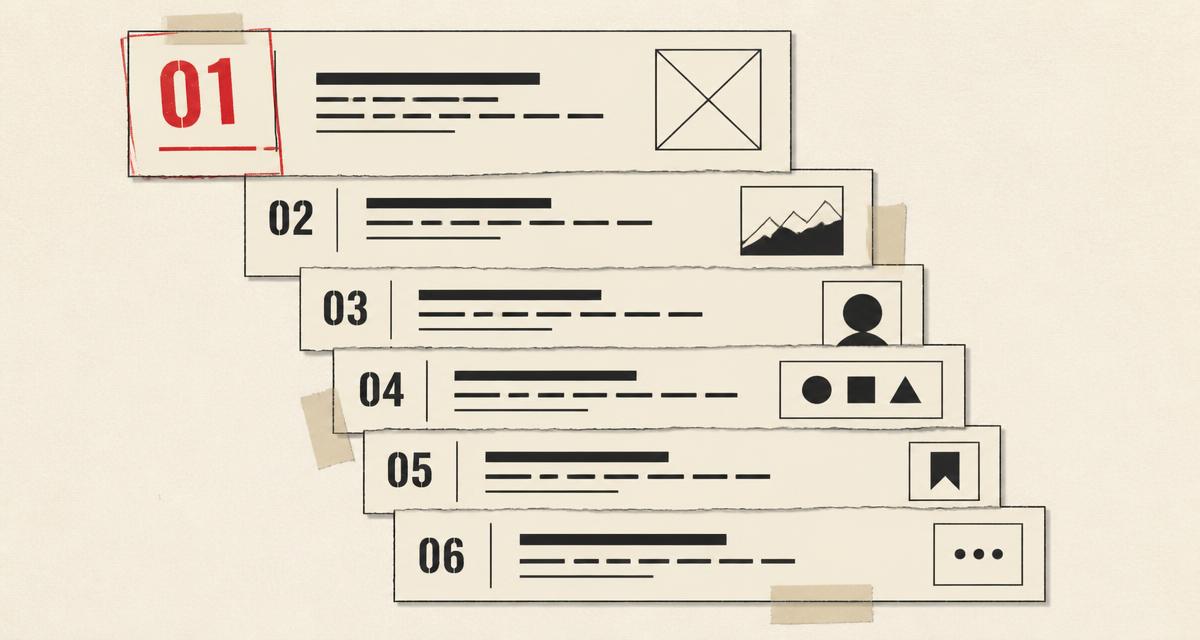 Analog collage of ranked open graph card variants on paper