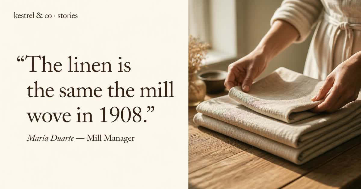 E-commerce supplier story Open Graph card — serif pull-quote with photo