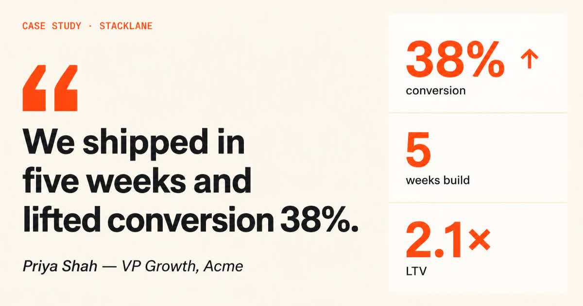 SaaS customer story Open Graph card — quote with outcome stat