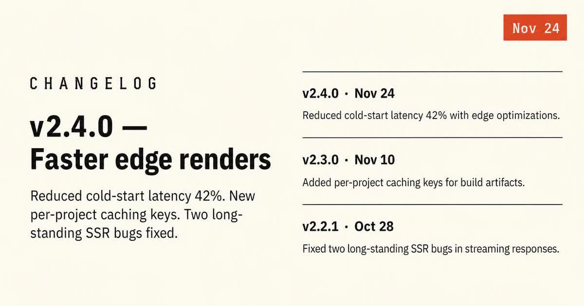 Changelog release card with version tag, date stamp and one-line summary