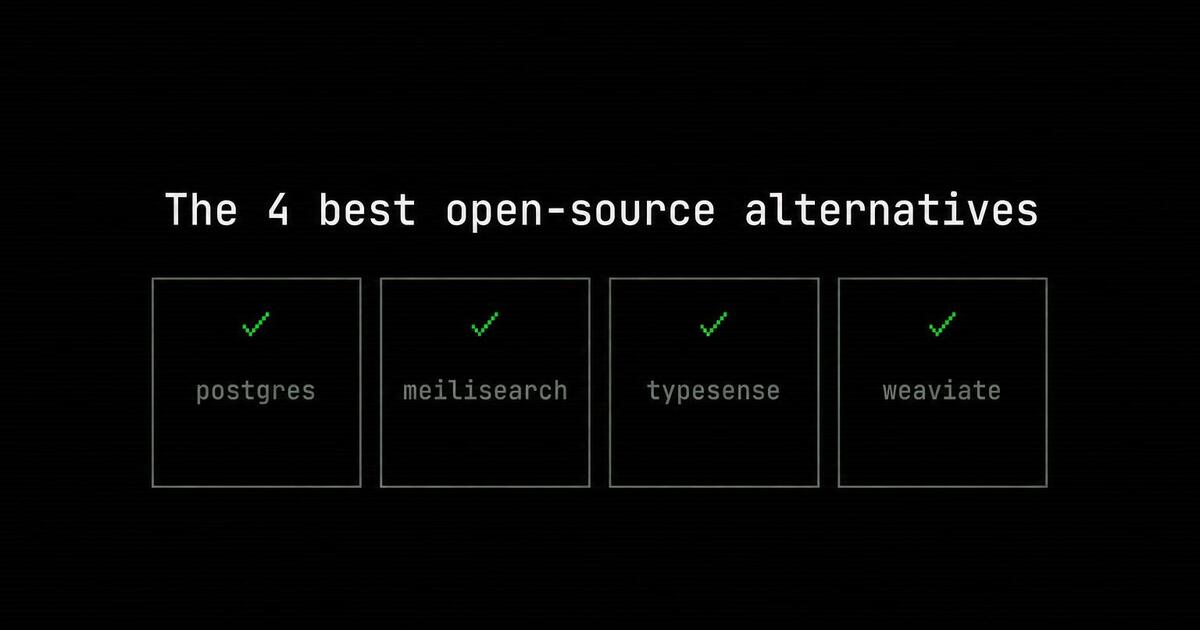 Dev-tool alternatives roundup Open Graph card — 4 project wordmarks in monospace grid on terminal backdrop