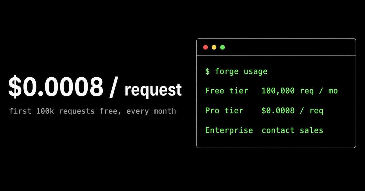 Dev-tool usage pricing Open Graph card — monospace price-per-unit and free quota in terminal frame