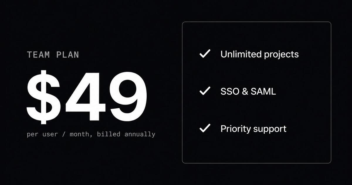 SaaS pricing Open Graph card — Team plan name with per-seat price chip on neutral brand palette