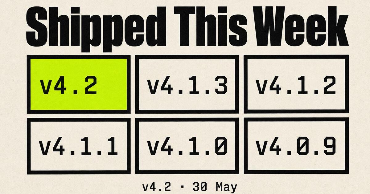 Brutalist changelog Open Graph card — 'Shipped This Week' headline with grid of version tiles and lime accent