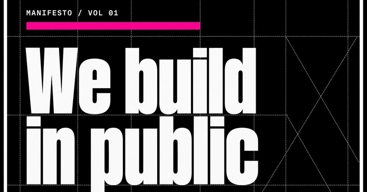 Brutalist manifesto Open Graph card — large white headline on black with magenta accent and visible grid