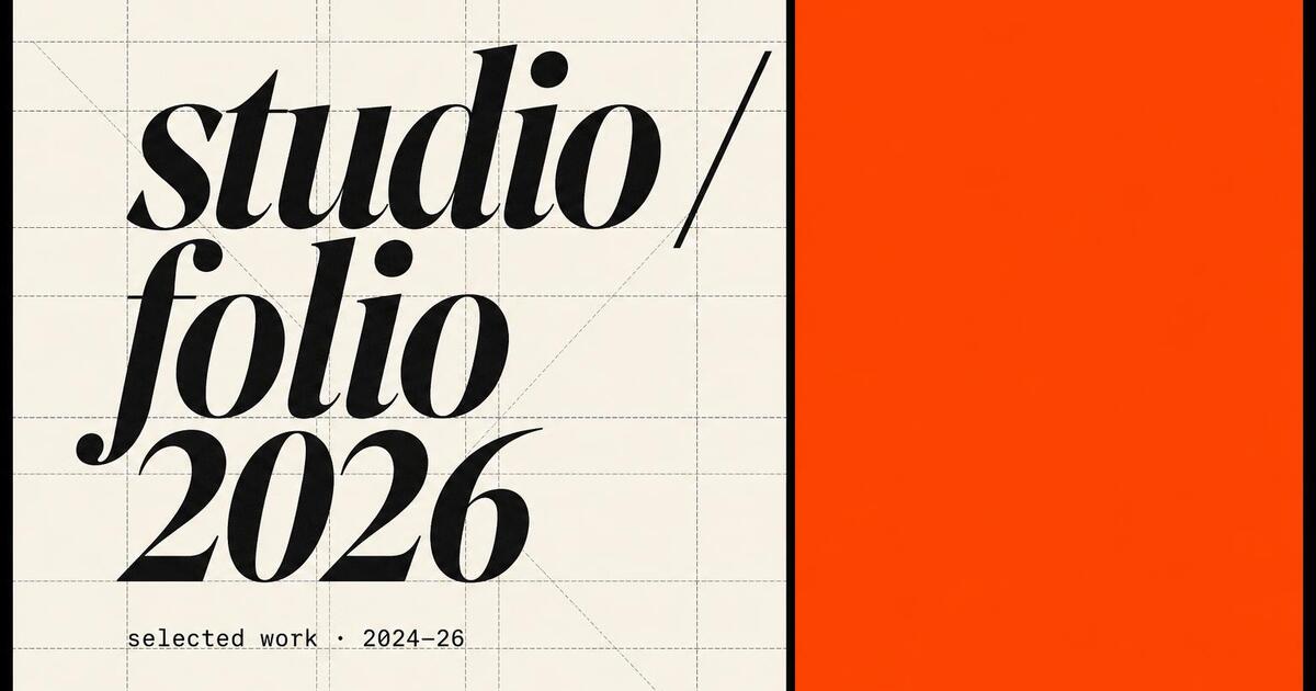 Brutalist portfolio Open Graph card — italic serif split with orange accent and exposed grid marks
