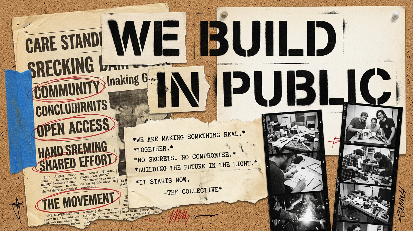 Collage manifesto Open Graph card — torn newspaper-style headline strip layered over a cut-paper portrait with a pencil underline