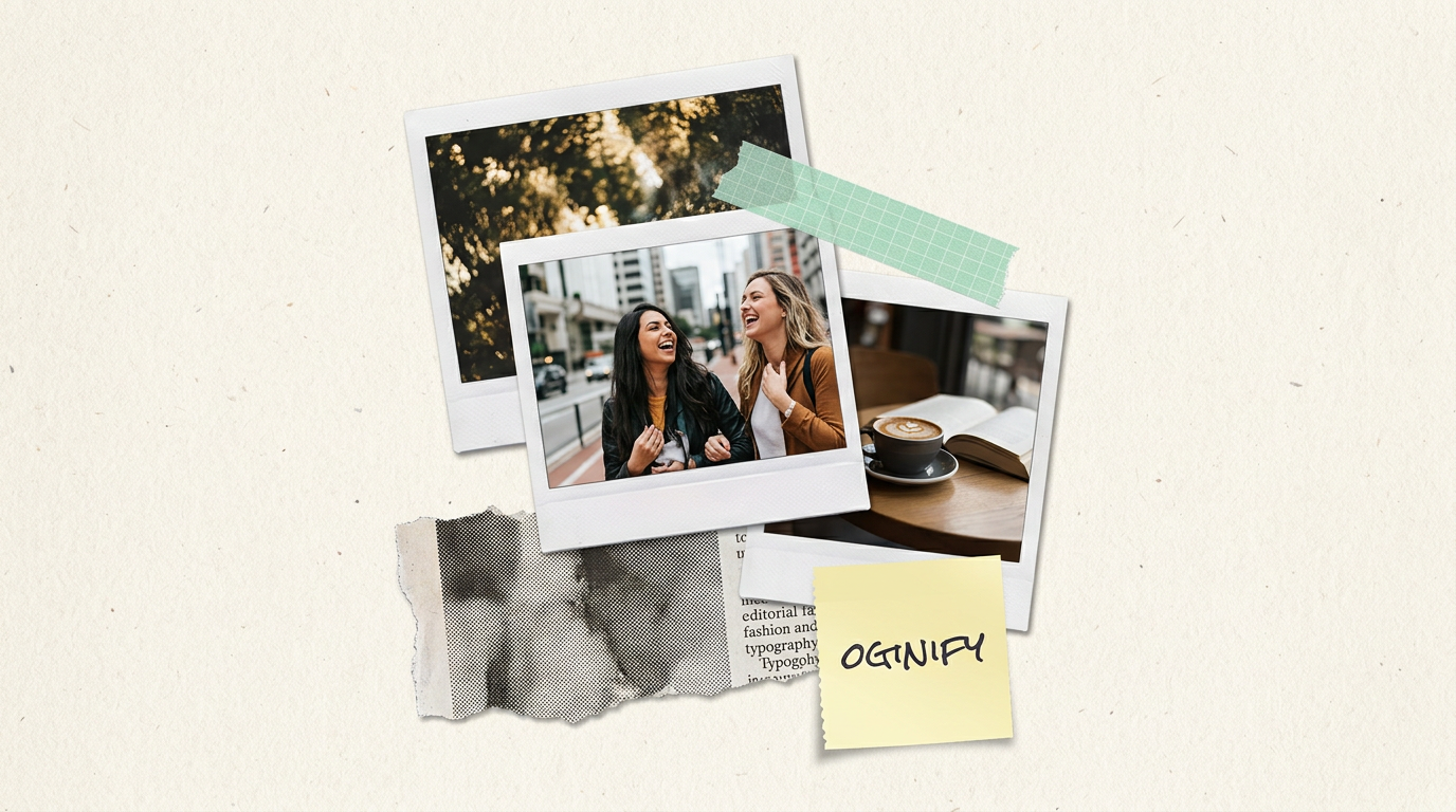 Oginify Open Graph card in collage style — cut-paper layers with masking-tape strips, a torn-edge photograph and a mixed serif + sans headline