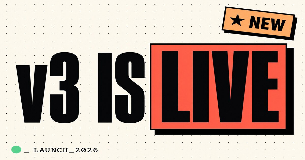 Neo-brutalist Open Graph card example — cream paper headline "v3 IS LIVE" with a coral highlight block behind LIVE and a tilted NEW sticker