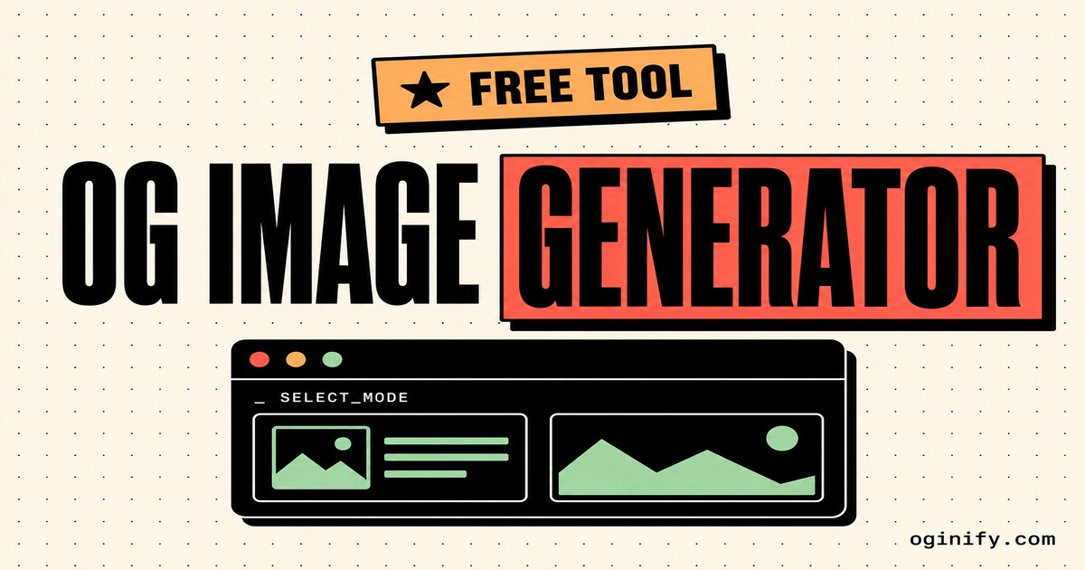 Neo-brutalist Open Graph card — tilted FREE TOOL sticker over a black mac-window mockup with coral, peach and mint dots