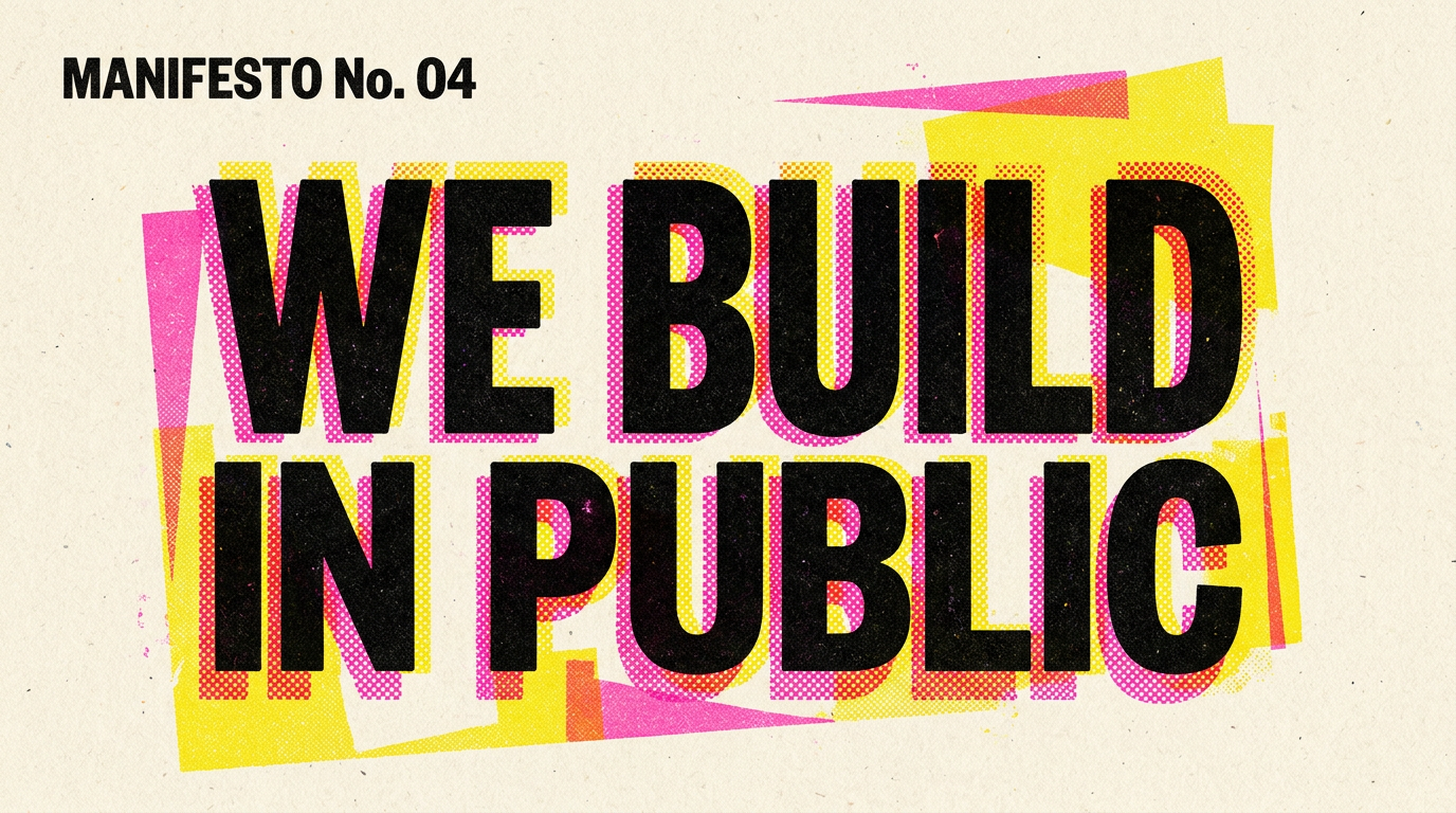 Risograph manifesto Open Graph card — two-colour halftone illustration with deliberate misregistration and a stencil-style headline