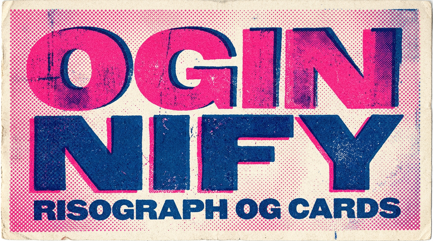 Oginify Open Graph card in risograph style — two spot-colour halftones (fluorescent pink + teal) mis-registered over a chunky display headline on rough paper