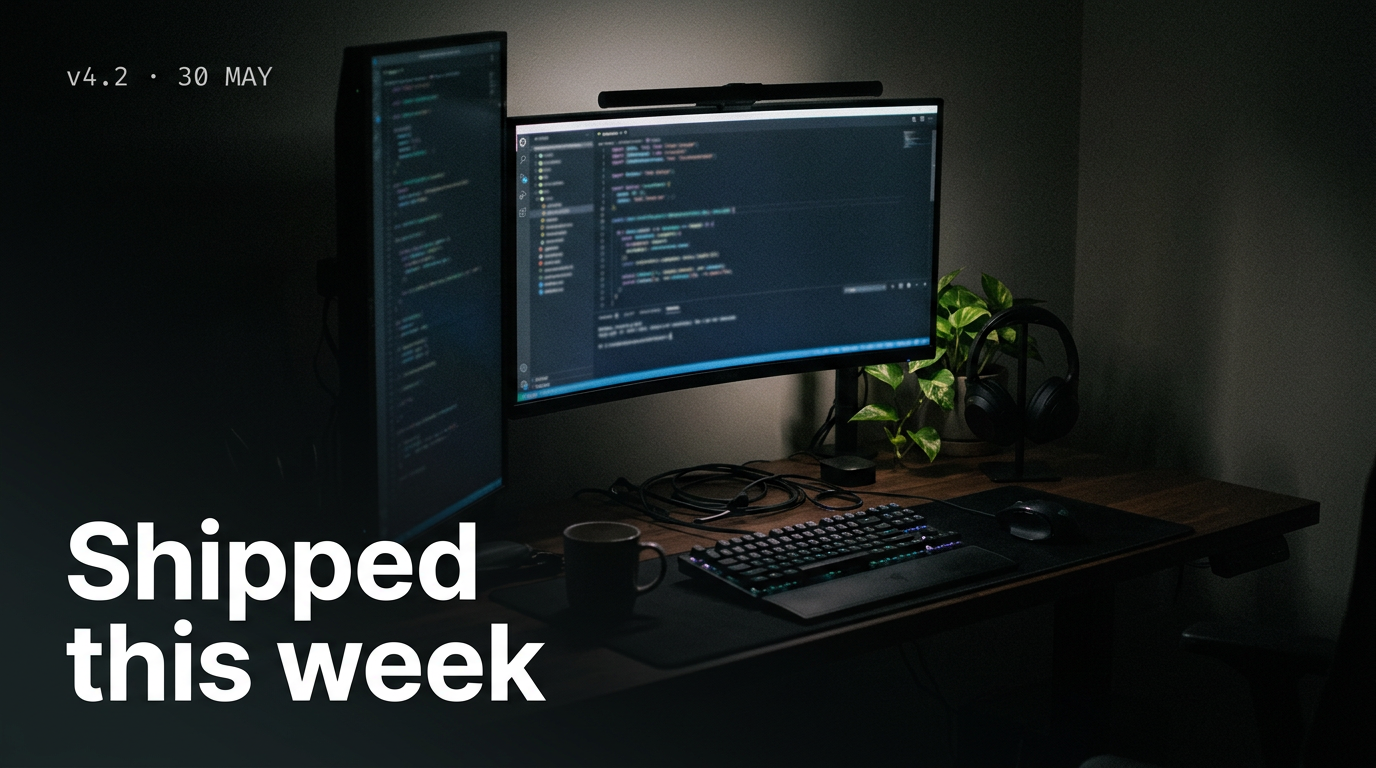 Text-overlay changelog Open Graph card — photograph of a product UI on a desk with white "shipped this week" headline