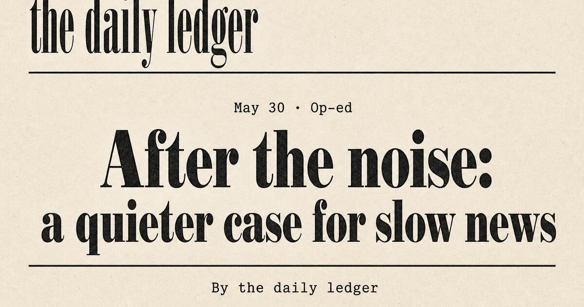 News blog Open Graph card — tabloid grid, dense type, dateline and byline rule