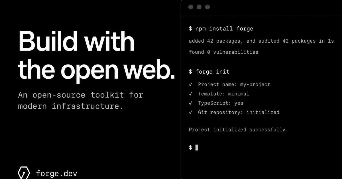 Open-source dev-tool homepage Open Graph card — terminal mock with install command
