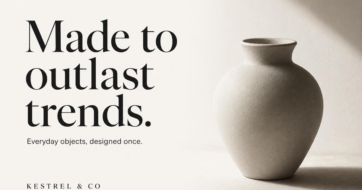 E-commerce homepage Open Graph card — minimal product still life with serif display type